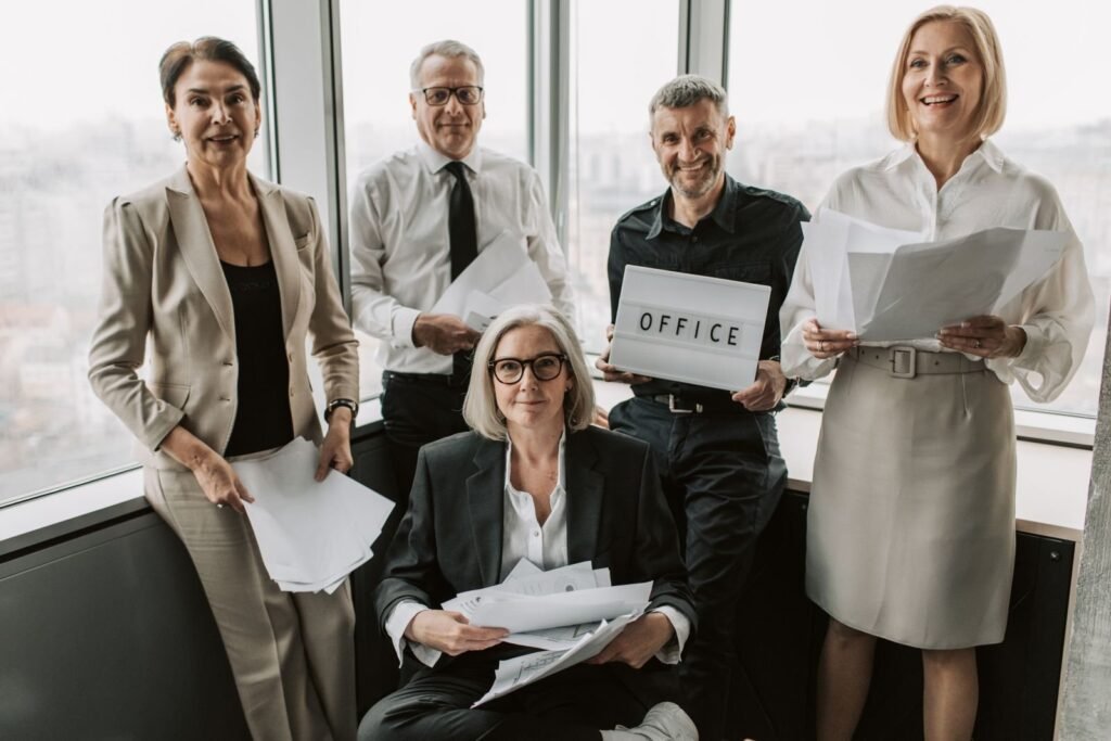 Five colleagues in a working meeting